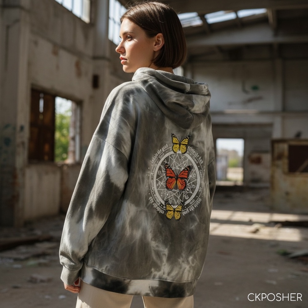 Zodiac “Inhale The Good” XL Butterfly Graphic Tie Dye Full Zip Hoodie Oversized